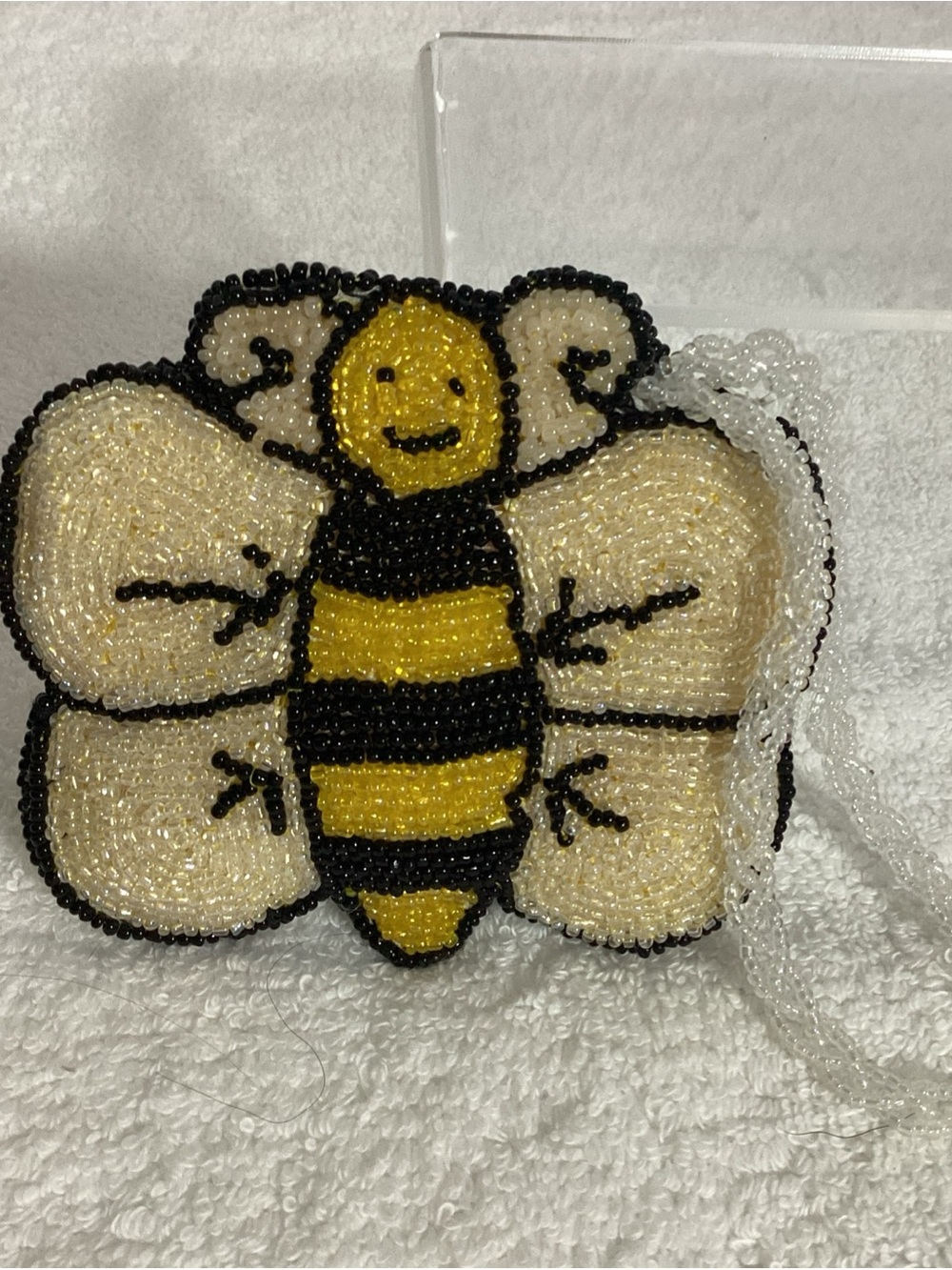 Beautiful Beaded Honey Bee Coin Purse w/ Braided Bead Strap Zippered & Lined - Picture 6 of 6